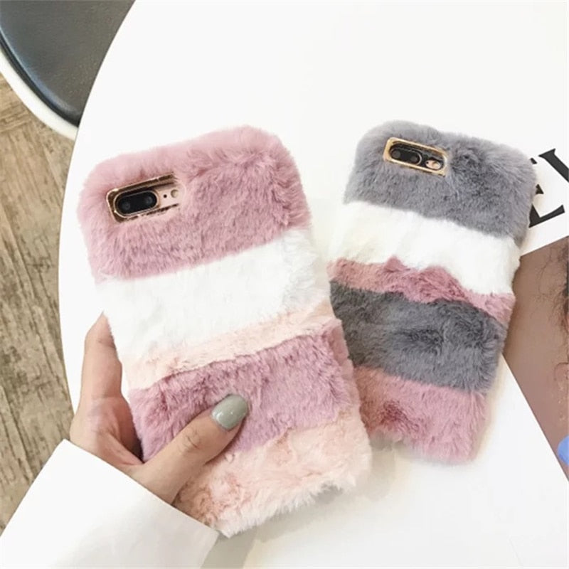 Luxury Colorful Rabbit Fluffy Fur Phone Case For iPhone X / XS / XR / XS MAX / 8+ / 7+ / 6+ / 6s +